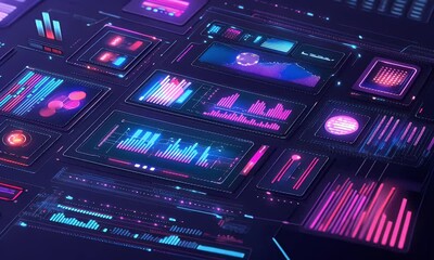 Futuristic data visualization interface; glowing charts and graphs; abstract background; perfect for tech presentations