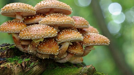 Poster - Mushrooms and fungi thrive on mossy log in lush greenery of forest, showcasing vibrant colors and textures that evoke deep connection to nature and organic growth.
