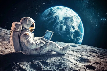 Wall Mural - an astronaut sits on the moon with their laptop