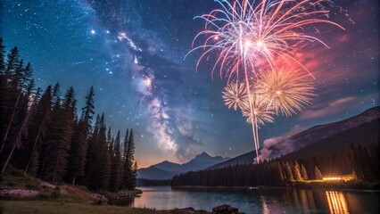 Night Sky Fireworks over Mountain Lake Milky Way, Landscape Photography, Nature, Celebration Fireworks, Astrophotography