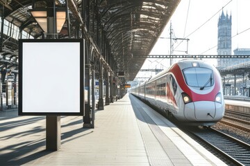 Canvas Print - a blank billboard with a white screen mockup at a train station, a modern high-speed electric locomotive standing nearby, in daylight. -