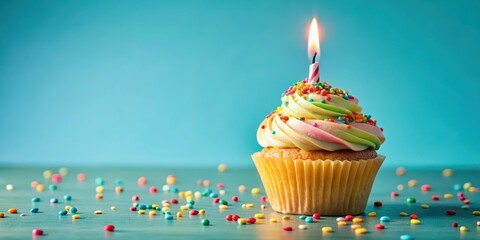 Wall Mural - A single candle on a colorful birthday cupcake with a few sprinkles , candles, treat,  candles, treat, sweet, festive, decorations