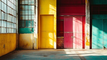 Wall Mural - Colorful Industrial Building Interior with Doors and Windows