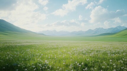 Wall Mural - A serene, green meadow under a bright blue sky with fluffy white clouds.