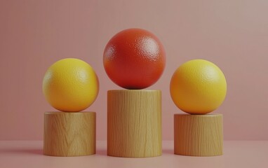 Aufkleber - Three colorful spheres on wooden blocks against pink background.