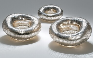 Poster - Three abstract metallic toroids on a reflective surface.