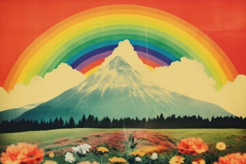 Wall Mural - collage retro dreamy of a flower field mountain rainbow art