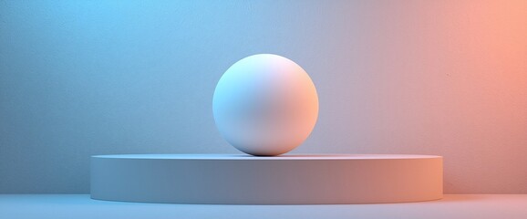 Poster - White sphere on pastel platform, blue and orange gradient background.