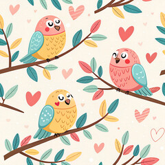 Naklejka na meble Cute cartoon lovebirds sitting on branches with colorful leaves and hearts in seamless pattern. This whimsical design evokes joyful and playful atmosphere