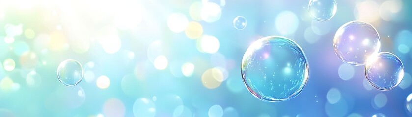 Poster - Floating bubbles create a calming atmosphere under soft light beams, enhancing the smooth blue gradient background with a dreamy and serene effect, perfect for text overlay