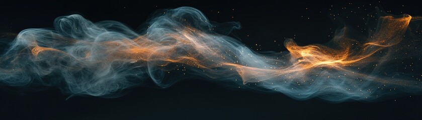 Poster - Dynamic orange smoke intertwines with glowing particles on a dark surface, creating a warm atmosphere perfect for text overlay. This ultra-HD abstract background enhances visual appeal