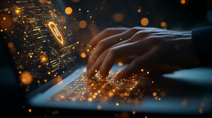 A businessman hand using a laptop computer with particles