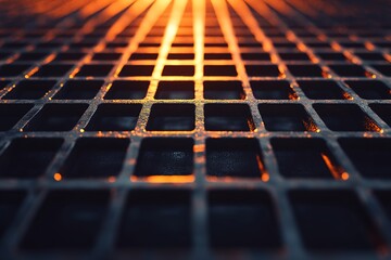Poster - An abstract industrial backdrop showcases a metal grid with geometric designs. The soft light reflections create a modern, stylish atmosphere, providing clean space for text overlay
