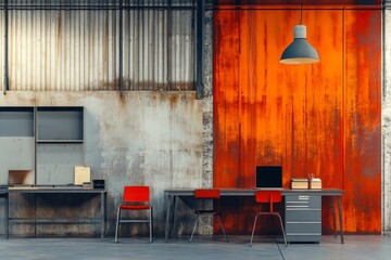 Wall Mural - Industrial Loft Workspace Design with Red Chairs and Desk