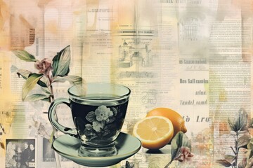 Poster - Cup of tea macha landscapes collage saucer drink