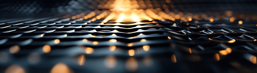 Poster - This stylish abstract industrial background features a metallic grid showcasing geometric patterns. Soft light reflections on a dark surface create a modern atmosphere with ample clean space for text