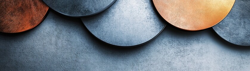 Poster - Abstract industrial background features layered circular metallic shapes showcasing textures in steel, copper, and brushed aluminum against a light backdrop, perfect for text overlay