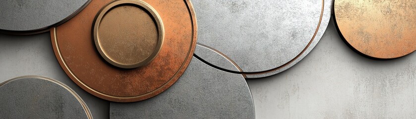 Poster - Layered circular metallic shapes in steel, copper, and brushed aluminum create an abstract industrial background on a clean, light surface. Space for text overlay enhances minimalist appeal