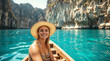 © PixelPulse AI - Smiling Person on a Boat in Clear Turquoise Waters with Cliffside