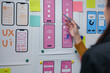 © Phimwilai - Web designer pointing at mockups of mobile application screens hanging on whiteboard, planning user interface and user experience of new app