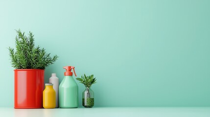 Wall Mural - Zero waste promotes sustainability with natural materials. Colorful planters and bottles against a mint green background.