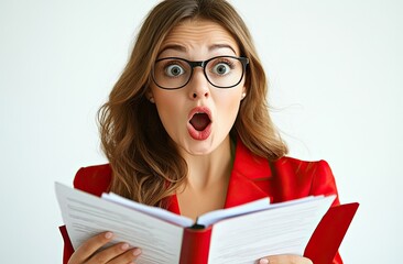 Poster - A beautiful woman in a red business suit with glasses, holding an open file and looking at it with a surprised expression, against a white background.