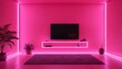 © Adobe worker  - empty minimalist neon pink room interior with windows and led tv. 3d render.Playing with colorful neon lights in indoor spaces with creative and minimal style.8764