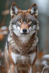  Majestic wolf stands confidently in a serene forest setting amidst autumn foliage during the golden hour