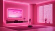 © Adobe worker  - empty minimalist neon pink room interior with windows and led tv. 3d render.Playing with colorful neon lights in indoor spaces with creative and minimal style.45325