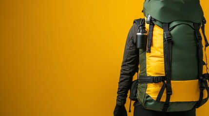 Backpacker prepares for adventure with a large green and yellow backpack against a bright yellow background