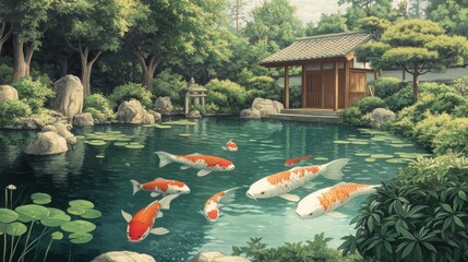 Sticker - Serene Koi Pond in a Japanese Garden