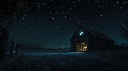 Sticker - A wooden stable illuminated from within, nestled under a starlit sky, with a quiet field stretching out into the darkness.