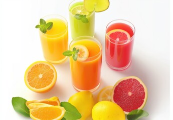 Wall Mural - Colorful glasses of juice with fresh fruit slices isolated on a white background