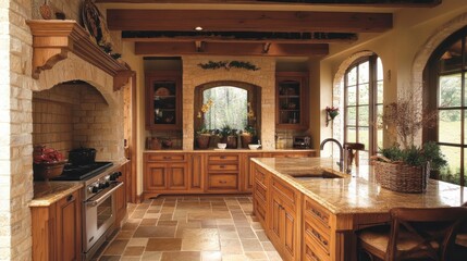 Wall Mural - Rustic Kitchen with Stone Walls and Wooden Beams