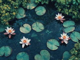 Poster - Water Lilies Floating on Pond Surface