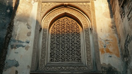 Wall Mural - Close-up of a beautifully carved arch window in an ancient building, surrounded by weathered walls