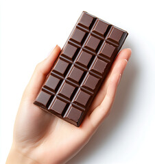 Hand holding a chocolate bar, isolated on a white background