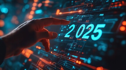 A businessman touches a virtual screen with a target 2025 text