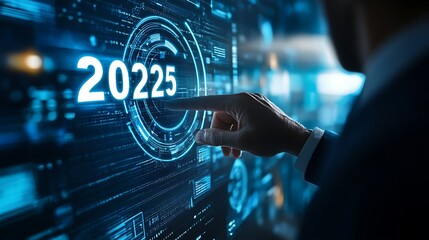 A businessman touches a virtual screen with a target 2025 text