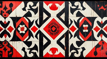 Wall Mural - A vibrant geometric pattern featuring red, black, and white shapes, reminiscent of cultural art.