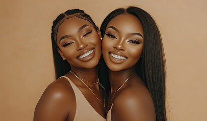 Wall Mural - two beautiful models with natural makeup wearing beige tank tops, smiling and posing for the camera in front of an isolated neutral background.