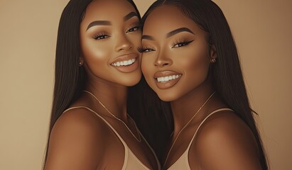 Wall Mural - two beautiful models with natural makeup wearing beige tank tops, smiling and posing for the camera in front of an isolated neutral background.