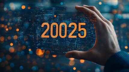 A businessman touches a virtual screen with a target 2025 text