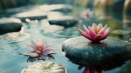 Canvas Print - Pink Water Lilies on Rock