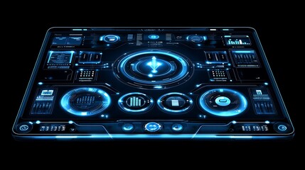 Poster - Futuristic blue digital interface control panel.