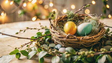 Poster - Easter eggs in a nest on a festive background with bokeh lights