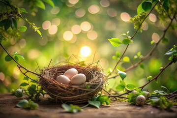 Poster - Easter eggs in a nest against a beautiful natural garden background with sunlight.