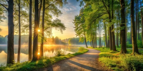  Serene sunrise illuminating a tranquil lakeside path, bordered by lush greenery and tall trees, casting long shadows along the way