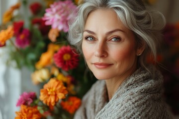 Wall Mural - Authentic portrait of beautiful woman 50 years old in the background of flowers, mature, natural beauty