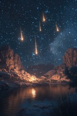 Wall Mural - River at night with shooting stars